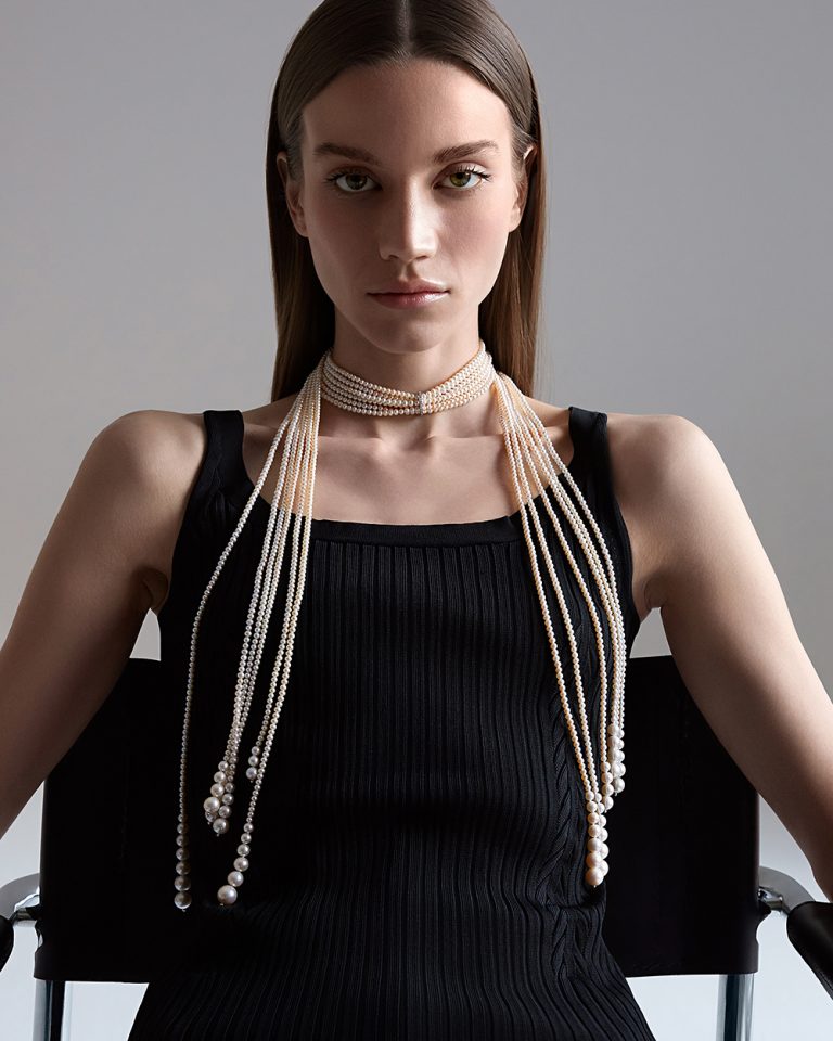 The model wears Aqua collection necklace with Freshwater pearls and diamonds